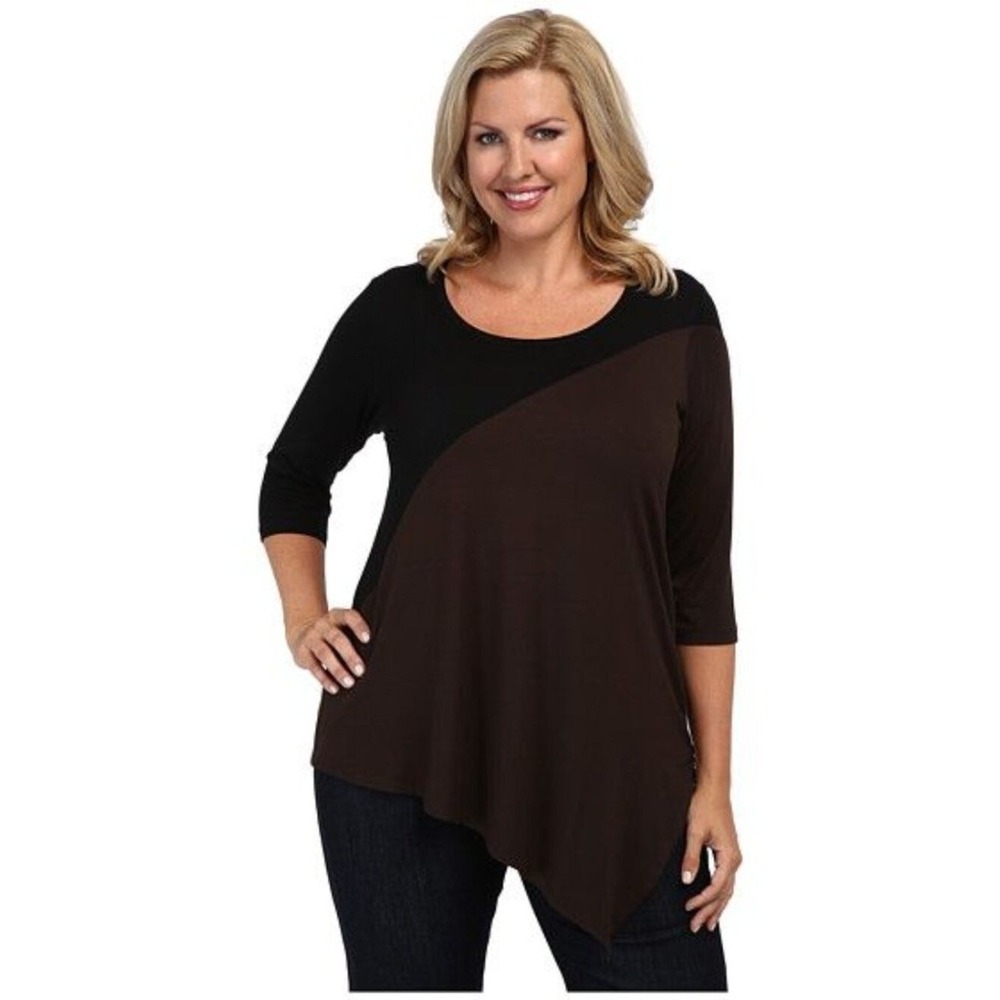 Premise Studio Sz L Pullover Stretch Blouse Elbow Sleeve Hanky Hem Tunic